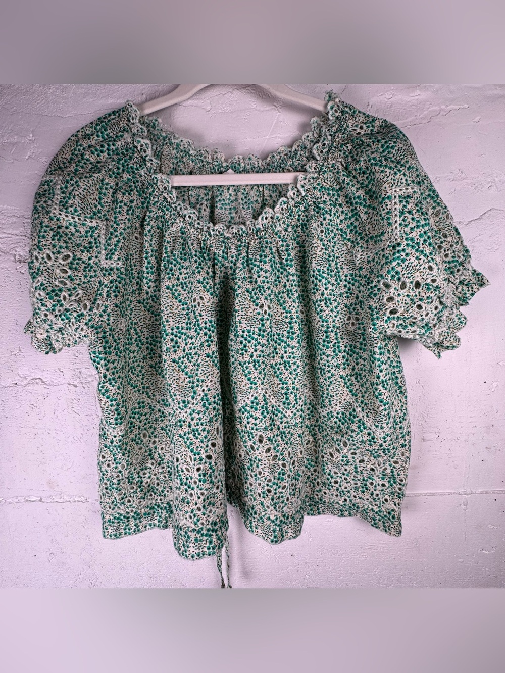 Jennifer Grace Crop Prasant Smocked Neck Green Eyelet Short Sleeve Blouse